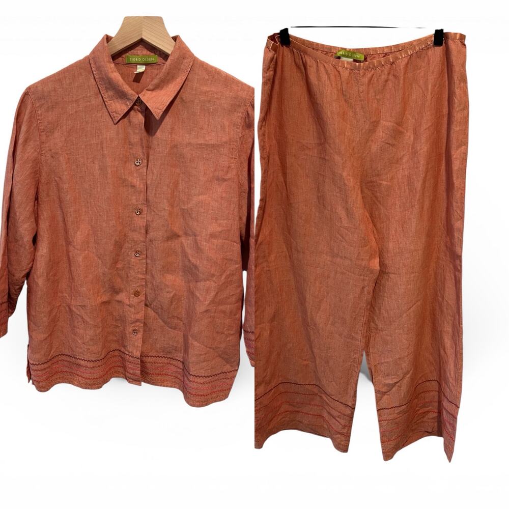 Sigrid Olsen 100% linen women’s button down shirt and pants set L top Xl bottoms